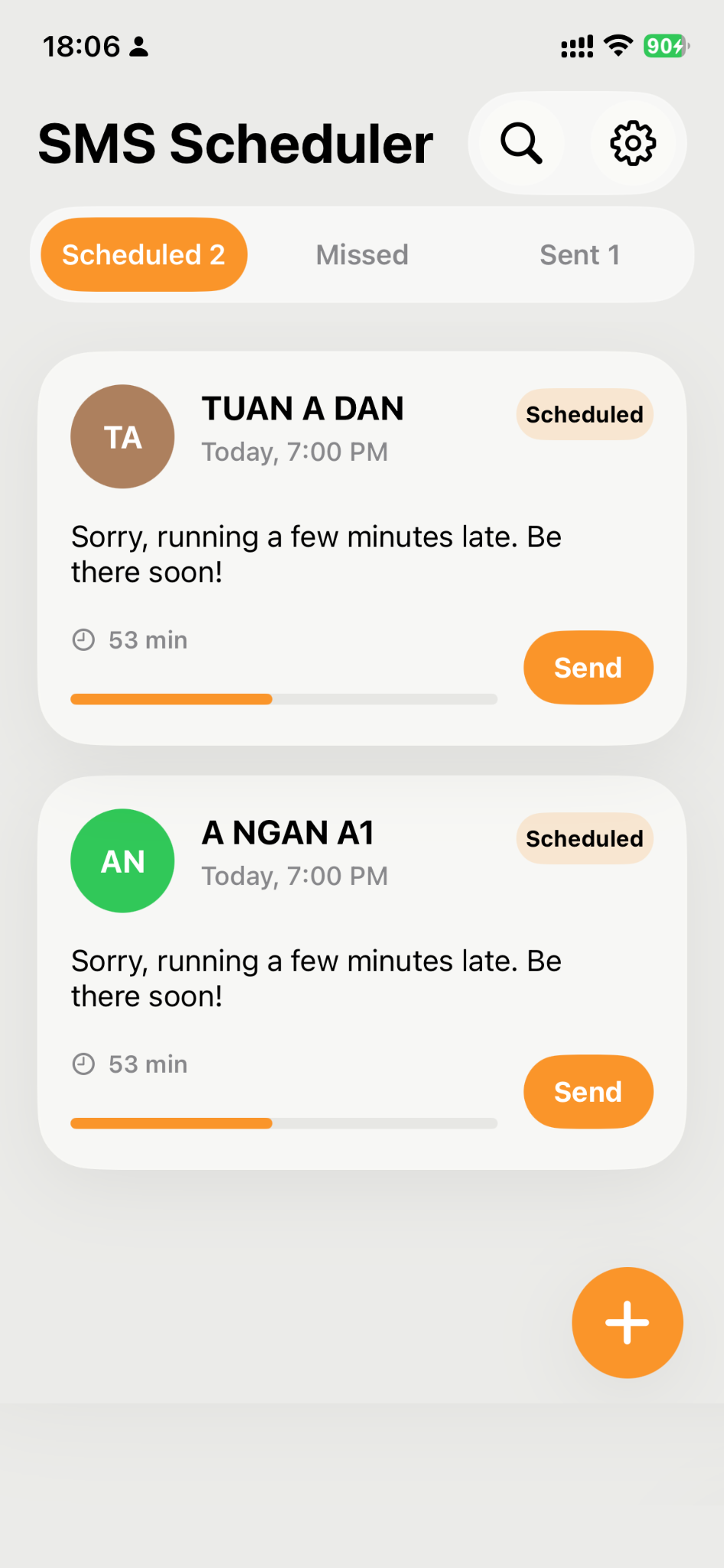 SMS Scheduler home screen