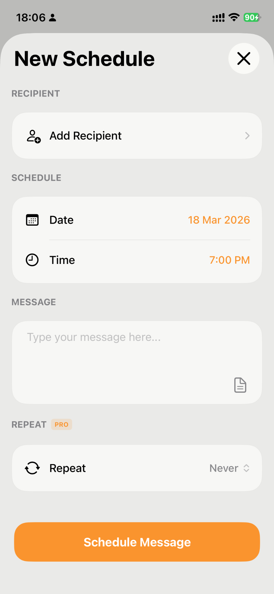 SMS Scheduler new schedule screen